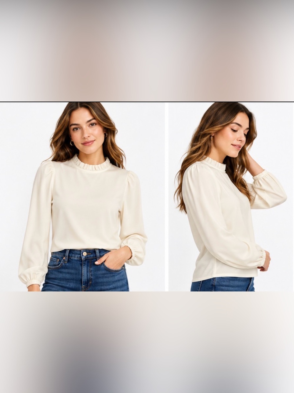 ANN TAYLOR Ivory Ruffle Neck Puff Sleeve Mixed Media Top – Size Small